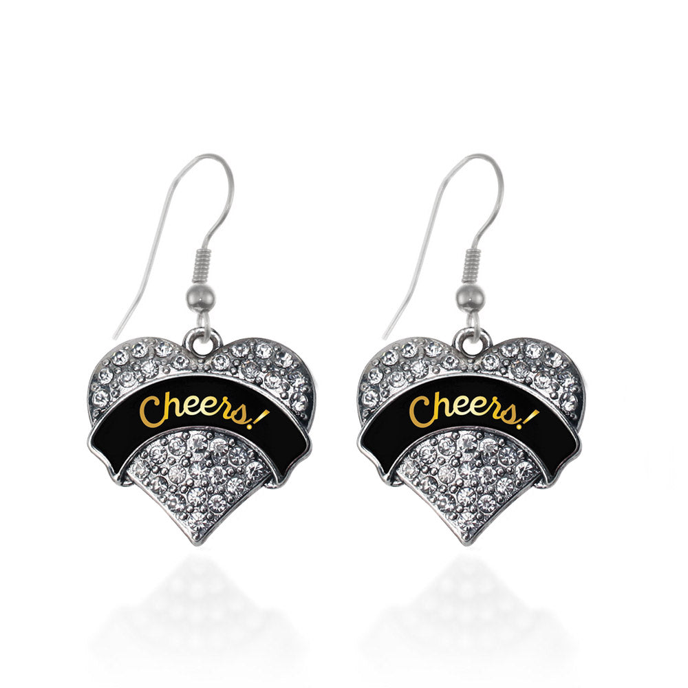 Silver Cheers! Black and Gold Pave Heart Charm Dangle Earrings