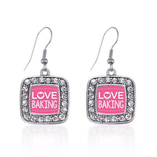 Silver I Love Baking Square Charm Dangle Earrings