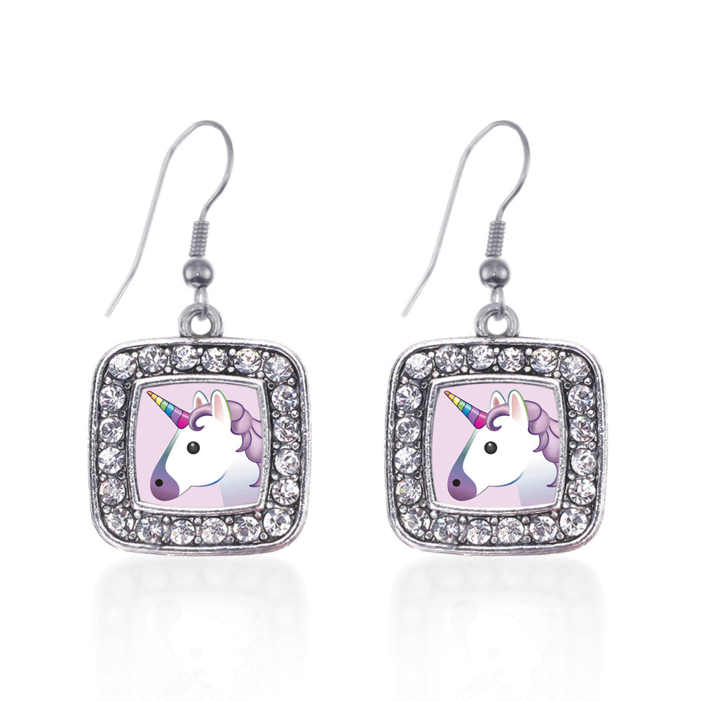 Silver Unicorn Emoji Square Charm Dangle Earrings