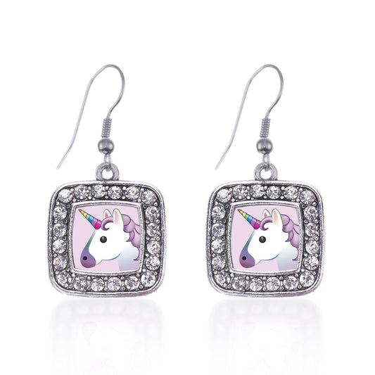 Silver Unicorn Emoji Square Charm Dangle Earrings