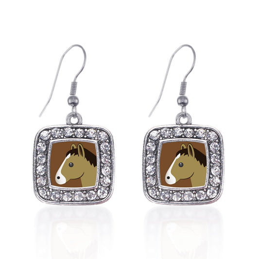 Silver Horse Emoji Square Charm Dangle Earrings