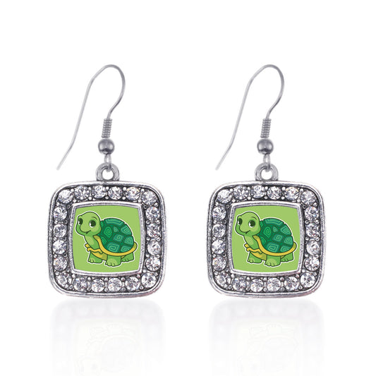 Silver Baby Turtle Square Charm Dangle Earrings
