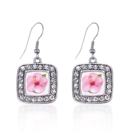Silver Hibiscus Flower Square Charm Dangle Earrings
