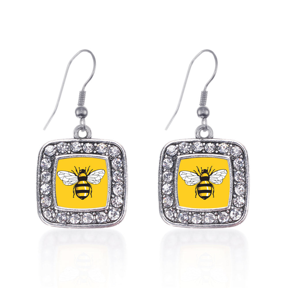 Silver Buzzing Bee Square Charm Dangle Earrings