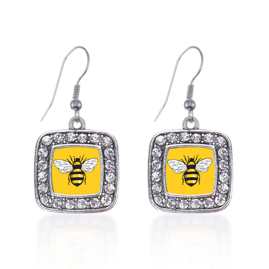 Silver Buzzing Bee Square Charm Dangle Earrings