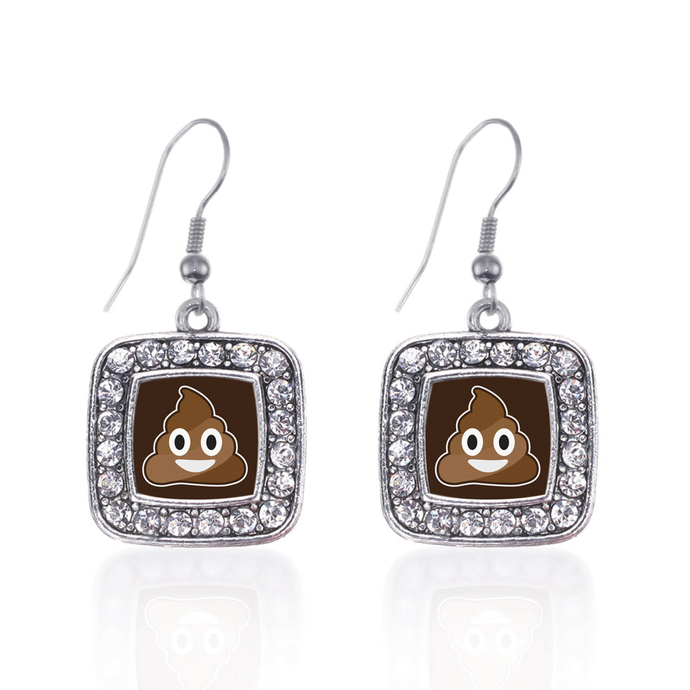 Silver Poop Emoji Square Charm Dangle Earrings