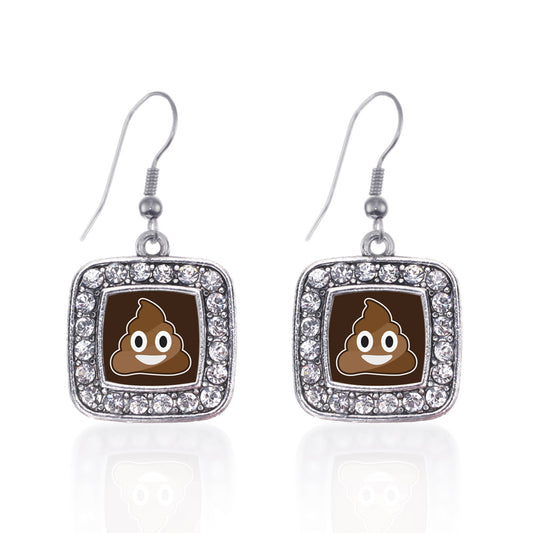 Silver Poop Emoji Square Charm Dangle Earrings