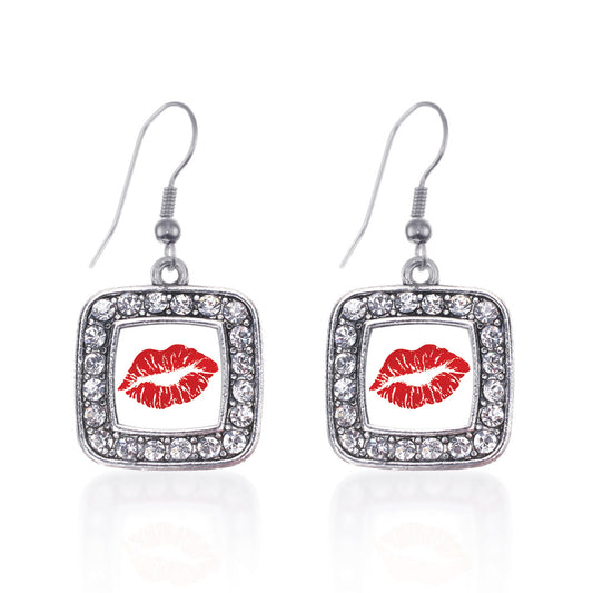 Silver Goodbye Kiss Emoji Square Charm Dangle Earrings