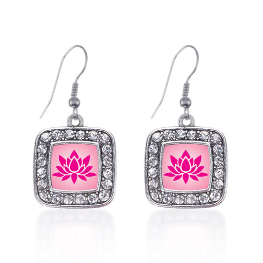 Silver Lotus Square Charm Dangle Earrings