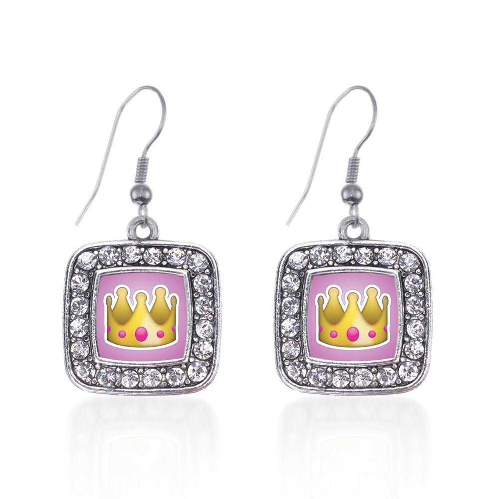 Silver Crown Emoji Square Charm Dangle Earrings