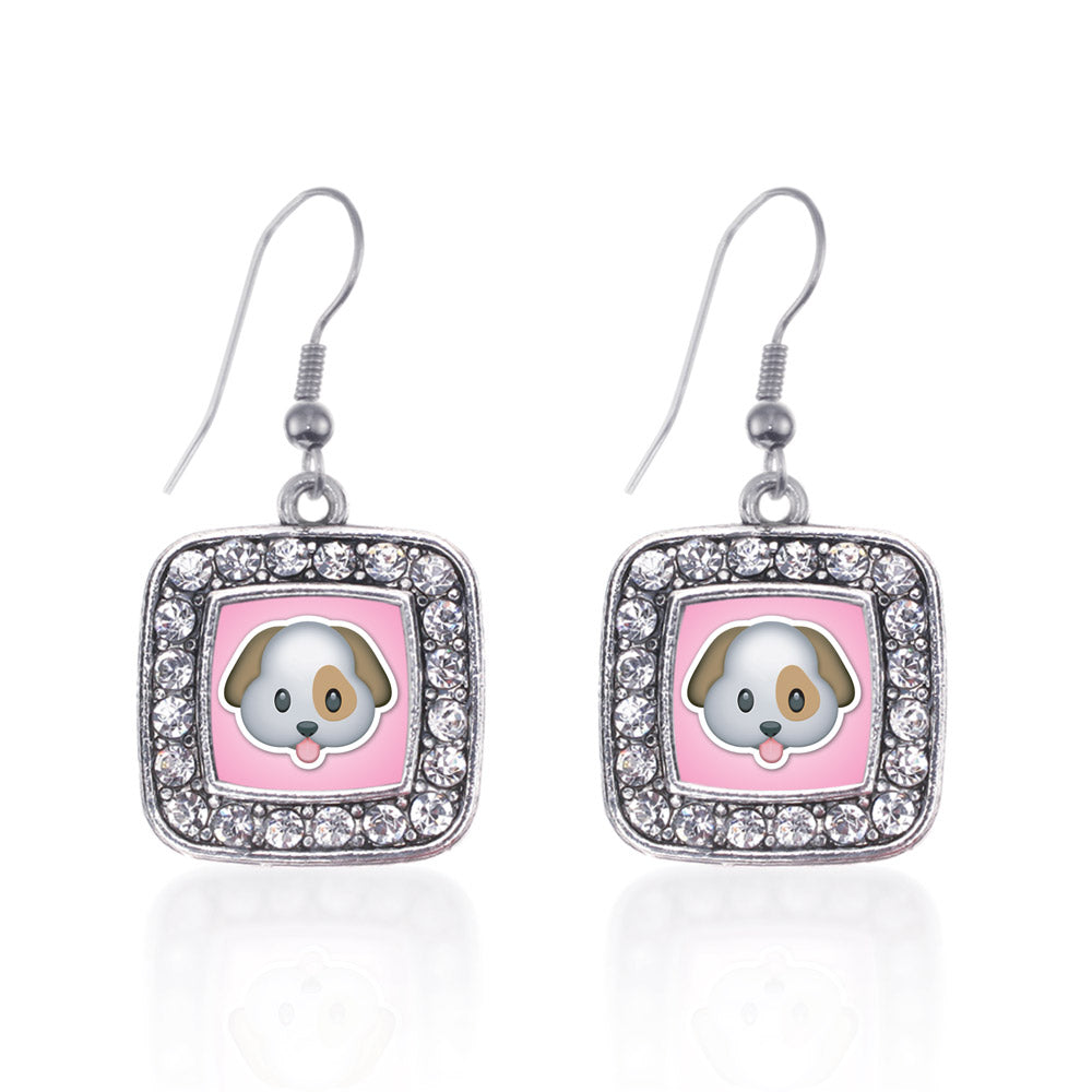 Silver Puppy Emoji Square Charm Dangle Earrings