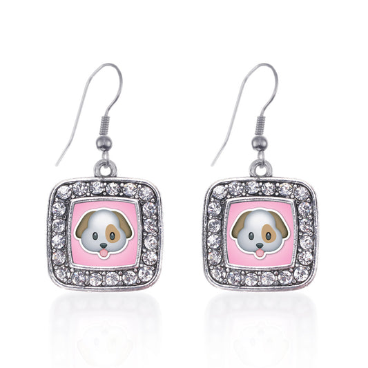 Silver Puppy Emoji Square Charm Dangle Earrings