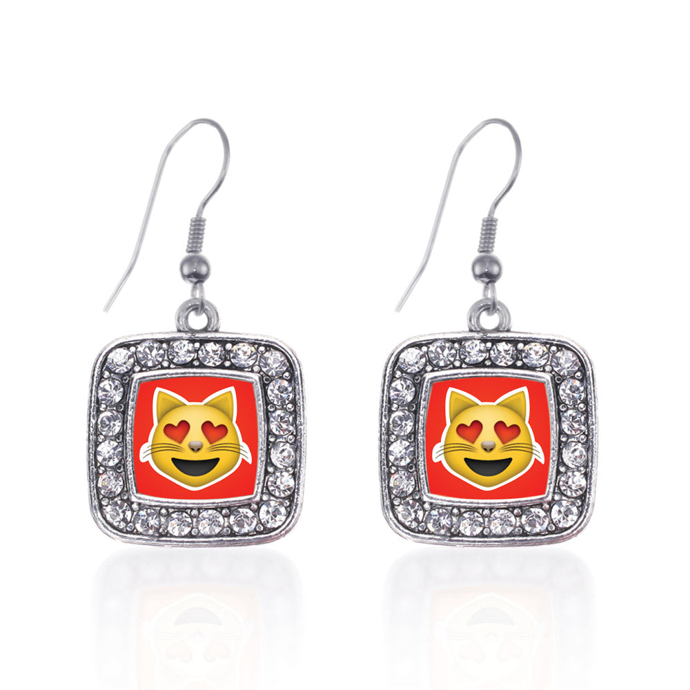 Silver Cat Heart Emoji Square Charm Dangle Earrings