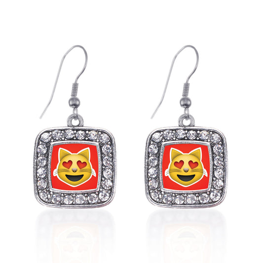 Silver Cat Heart Emoji Square Charm Dangle Earrings