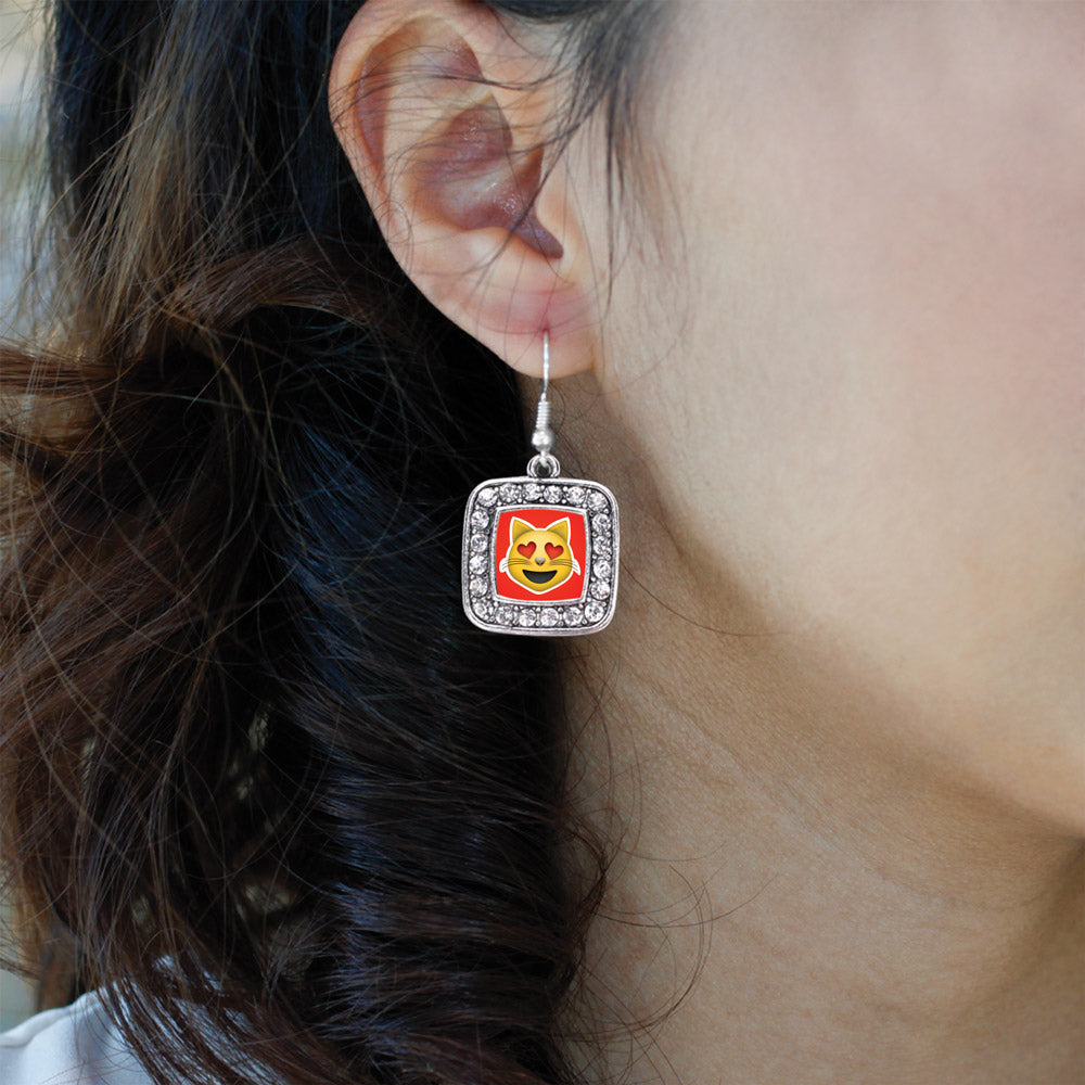 Silver Cat Heart Emoji Square Charm Dangle Earrings