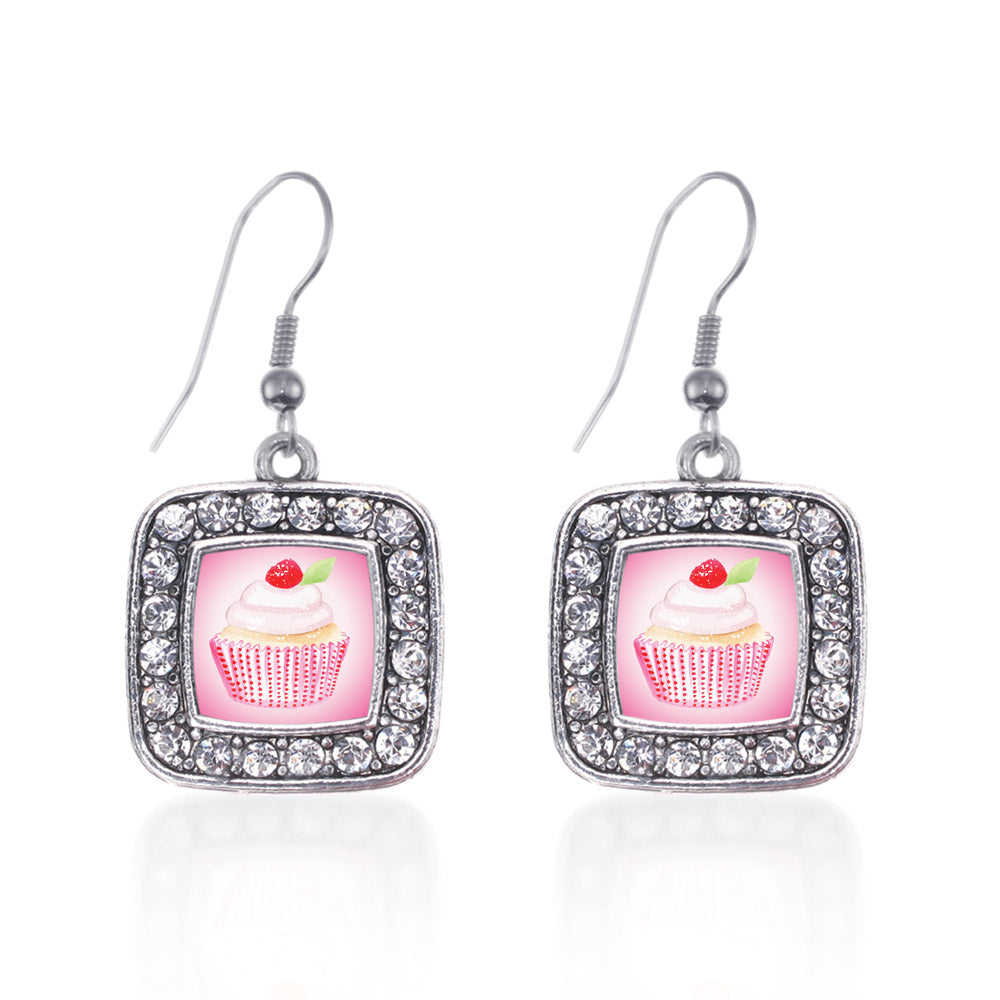 Silver Cupcake with a Cherry on Top Square Charm Dangle Earrings