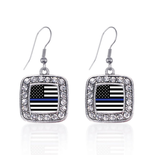 Silver Thin Blue Line American Flag Square Charm Dangle Earrings