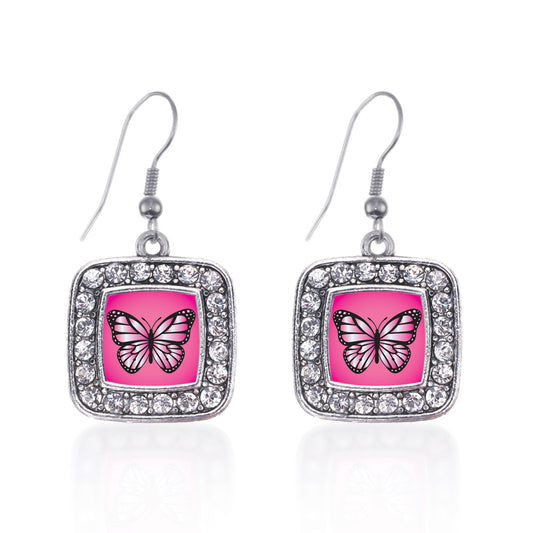 Silver Pink Butterfly Square Charm Dangle Earrings