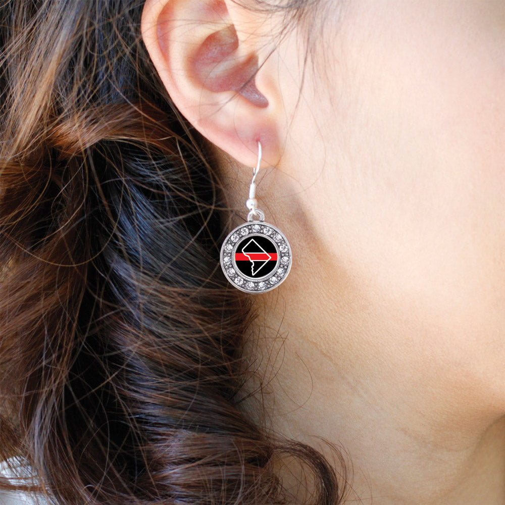 Silver District of Columbia Thin Red Line Circle Charm Dangle Earrings