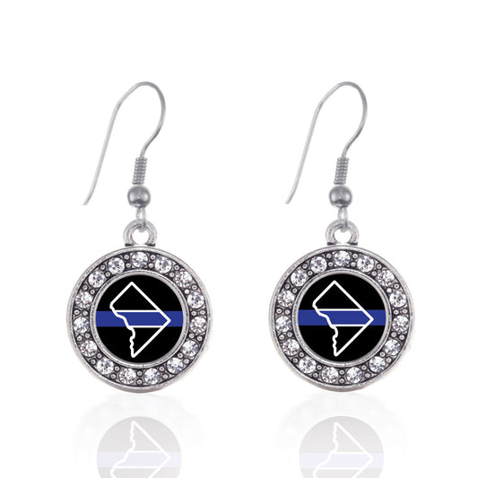 Silver District of Columbia Thin Blue Line Circle Charm Dangle Earrings