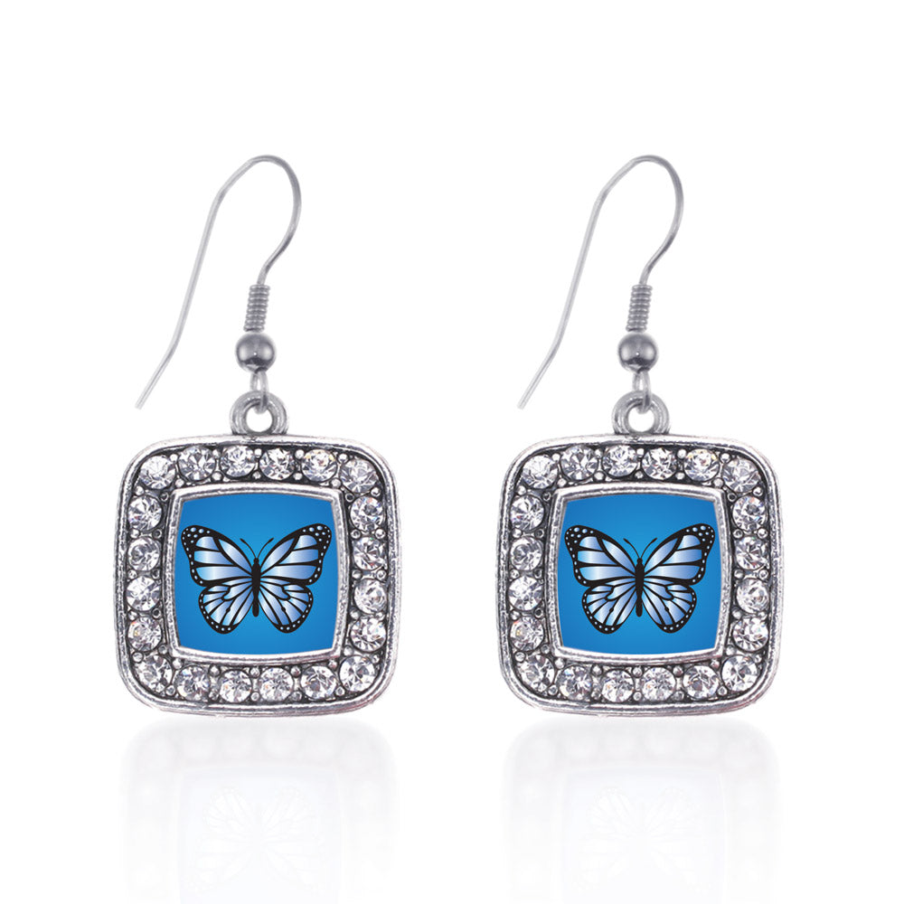 Silver Azure Butterfly Square Charm Dangle Earrings