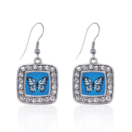 Silver Azure Butterfly Square Charm Dangle Earrings