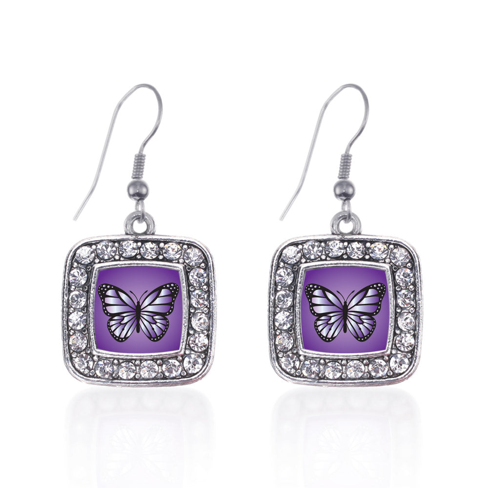 Silver Purple Butterfly Square Charm Dangle Earrings