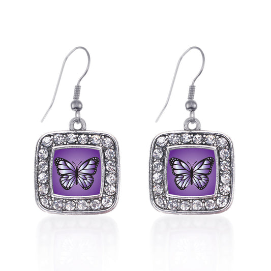Silver Purple Butterfly Square Charm Dangle Earrings