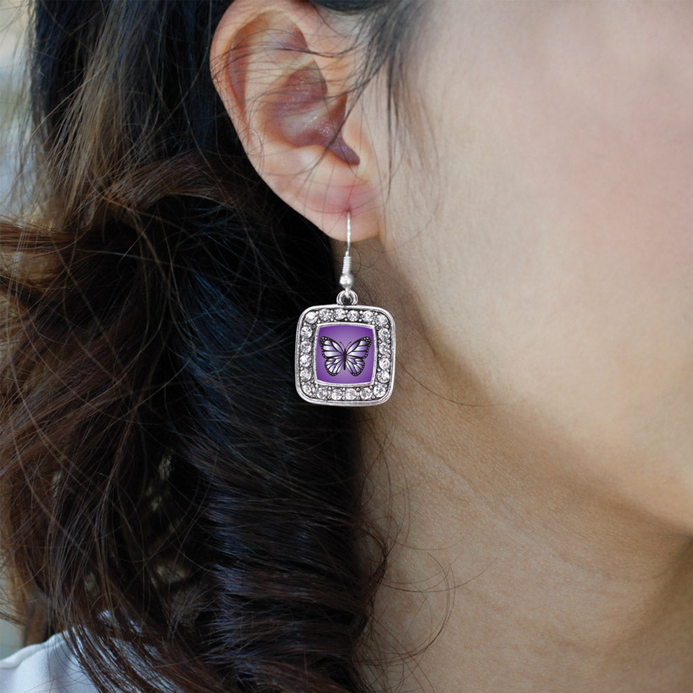 Silver Purple Butterfly Square Charm Dangle Earrings