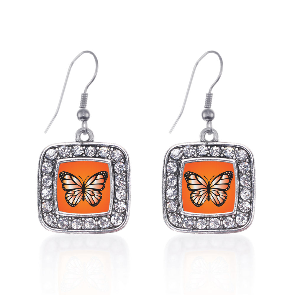 Silver Orange Butterfly Square Charm Dangle Earrings