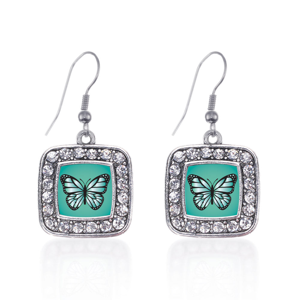 Silver Teal Butterfly Square Charm Dangle Earrings