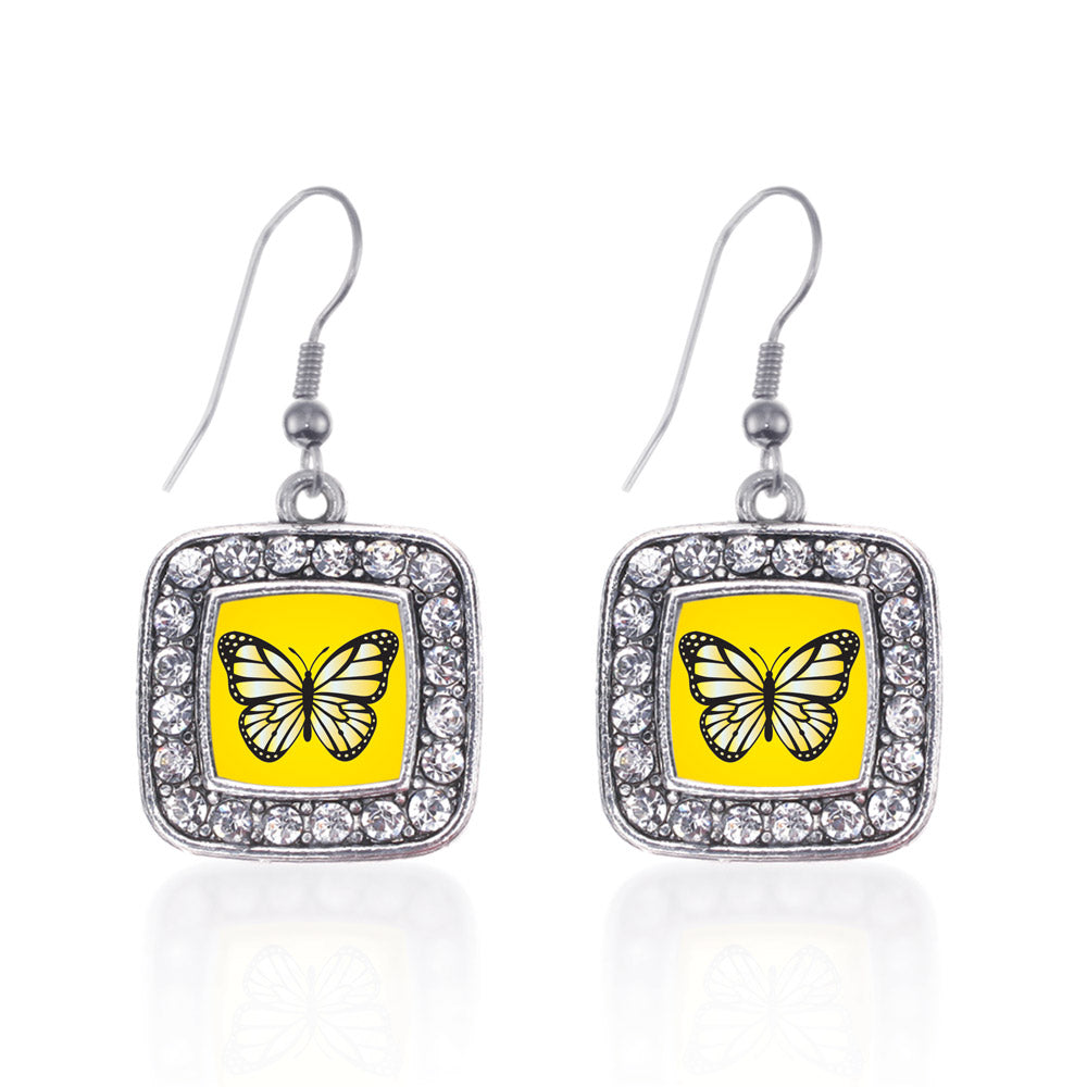 Silver Yellow Butterfly Square Charm Dangle Earrings