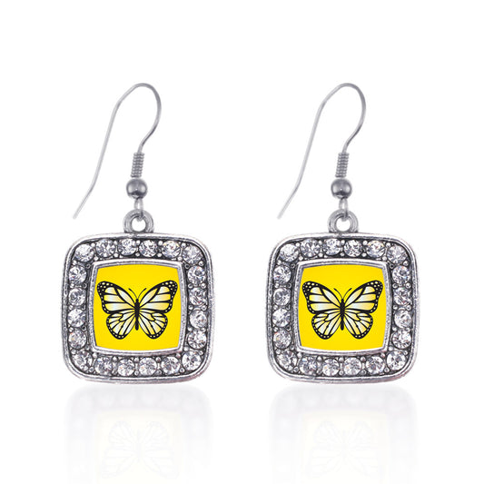 Silver Yellow Butterfly Square Charm Dangle Earrings