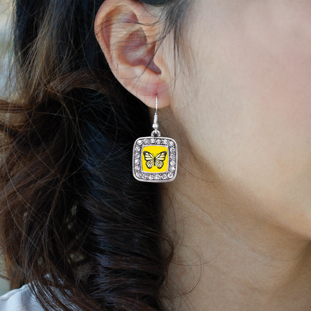 Silver Yellow Butterfly Square Charm Dangle Earrings