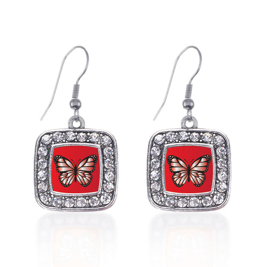 Silver Red Butterfly Square Charm Dangle Earrings