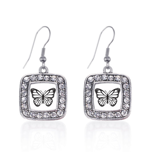 Silver White Butterfly Square Charm Dangle Earrings