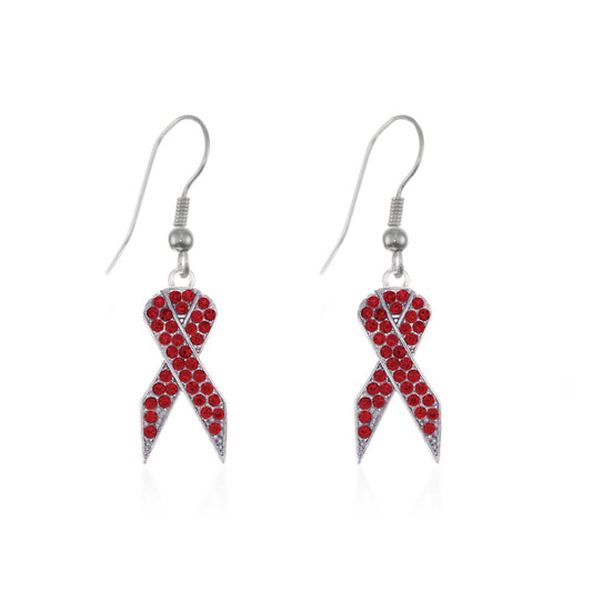 Silver Red Ribbon Charm Dangle Earrings