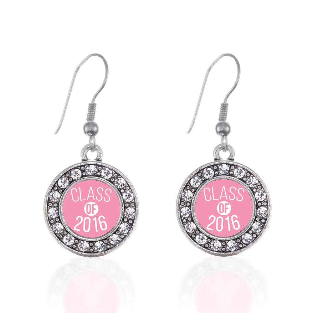Silver Pink Class of 2016 Circle Charm Dangle Earrings