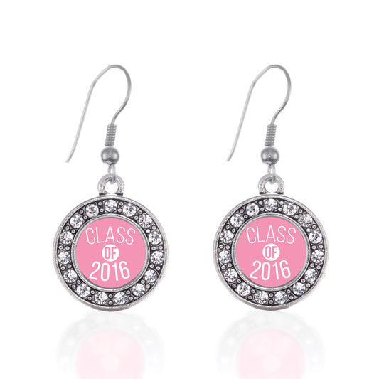 Silver Pink Class of 2016 Circle Charm Dangle Earrings