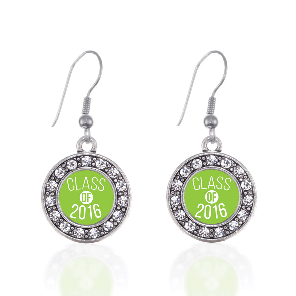 Silver Lime Green Class of 2016 Circle Charm Dangle Earrings