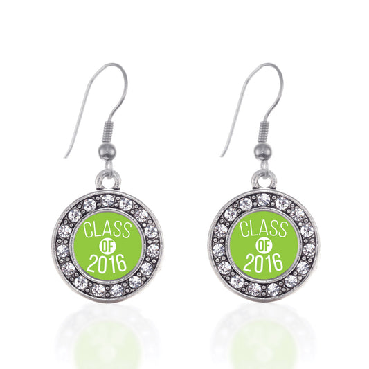Silver Lime Green Class of 2016 Circle Charm Dangle Earrings