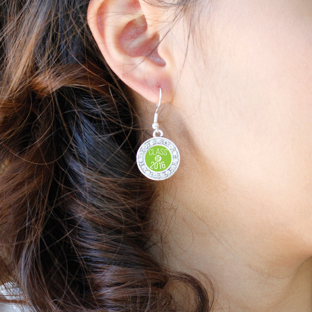 Silver Lime Green Class of 2016 Circle Charm Dangle Earrings