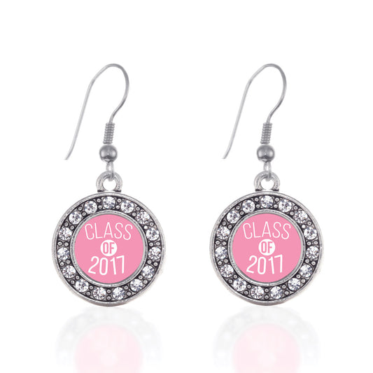 Silver Pink Class of 2017 Circle Charm Dangle Earrings