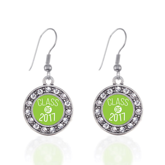 Silver Lime Green Class of 2017 Circle Charm Dangle Earrings