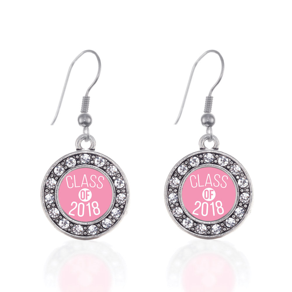Silver Pink Class of 2018 Circle Charm Dangle Earrings
