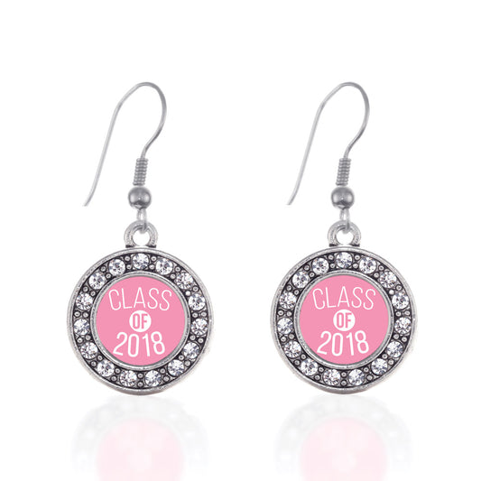 Silver Pink Class of 2018 Circle Charm Dangle Earrings