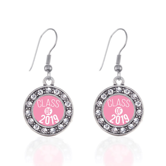 Silver Pink Class of 2019 Circle Charm Dangle Earrings