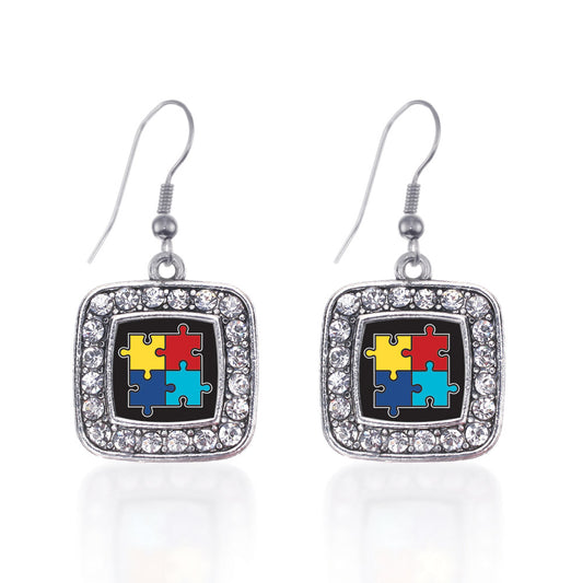 Silver Autism Awareness Jigsaw Square Charm Dangle Earrings