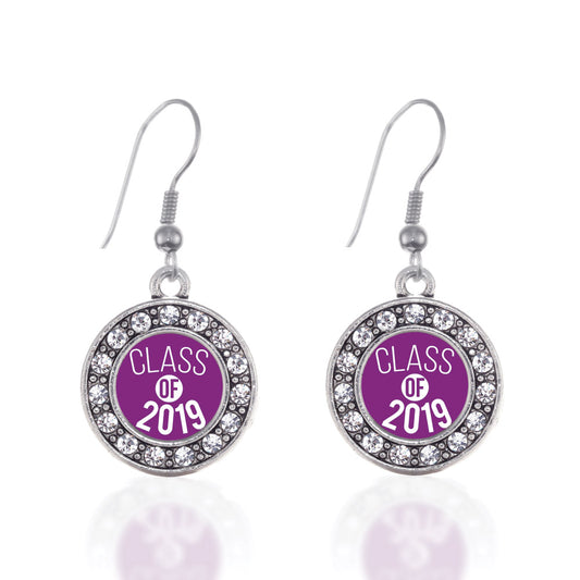 Silver Purple Class of 2019 Circle Charm Dangle Earrings