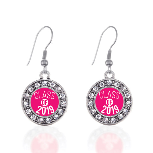 Silver Fuchsia Class of 2019 Circle Charm Dangle Earrings